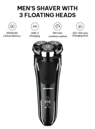 Blaupunkt Shaver for Men – 3 Floating Heads, Pop-Up Trimmer, USB-C Charging, LCD Display, 180 Min Runtime, Wet & Dry Use, Travel Lock, Corded/Cordless, Waterproof, 2-Year Warranty-SVM422